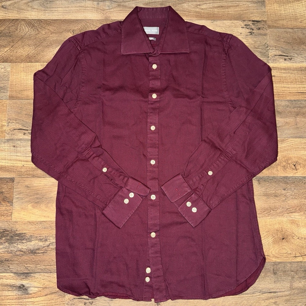 Michael Kors Men's M Slim Fit Knit Shirt Maroon Long Sleeve Size 15 1/2 X 32/33